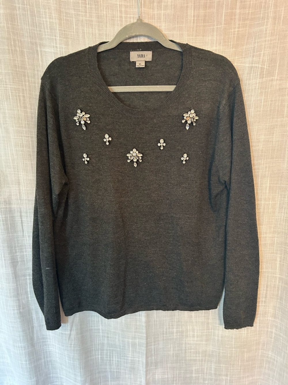 YAIRA Charcoal Gray Jeweled Crewneck Sweater